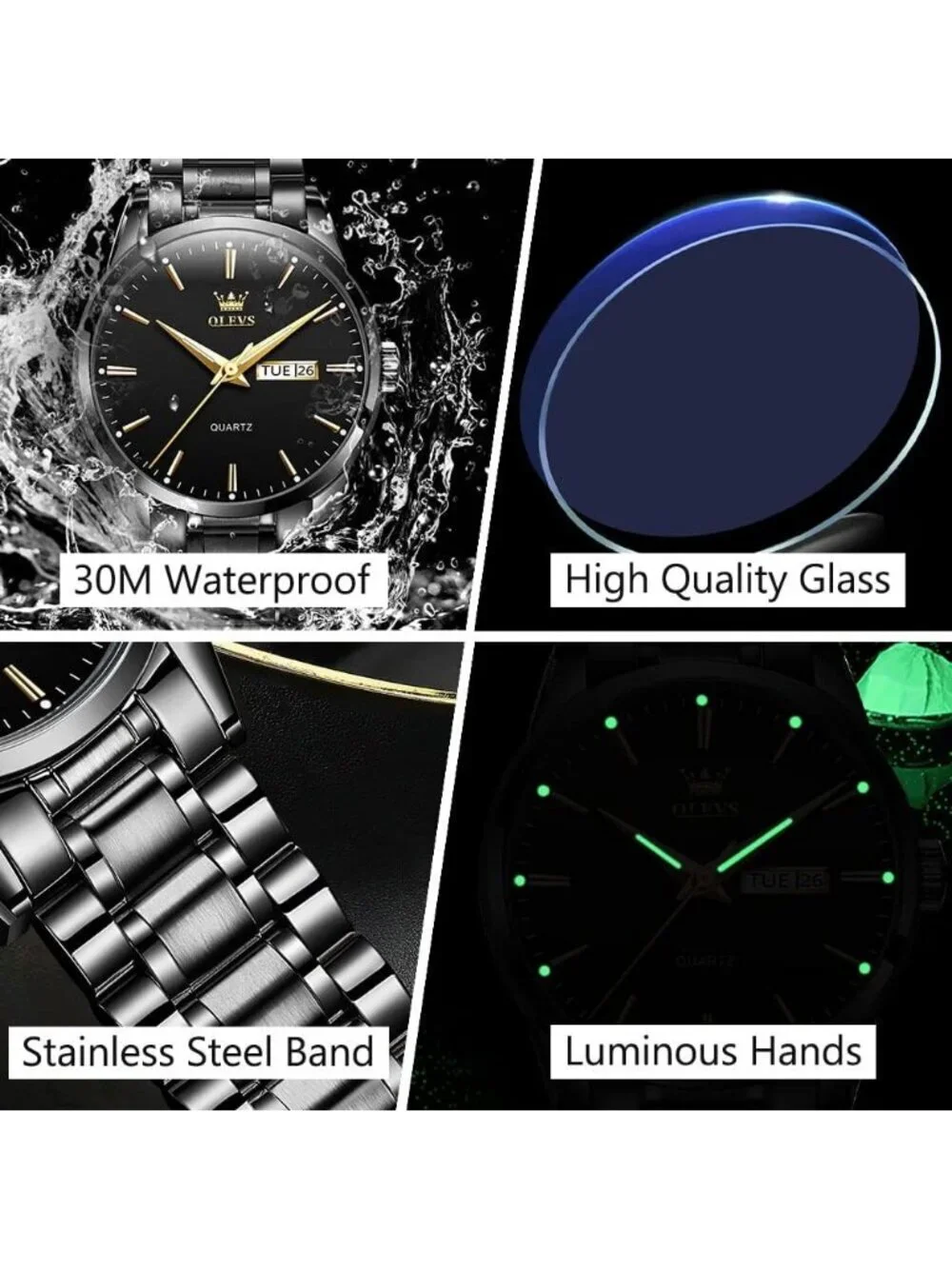 Men's All Black Stainless Steel Analog Quartz Classic Waterproof Round Watch